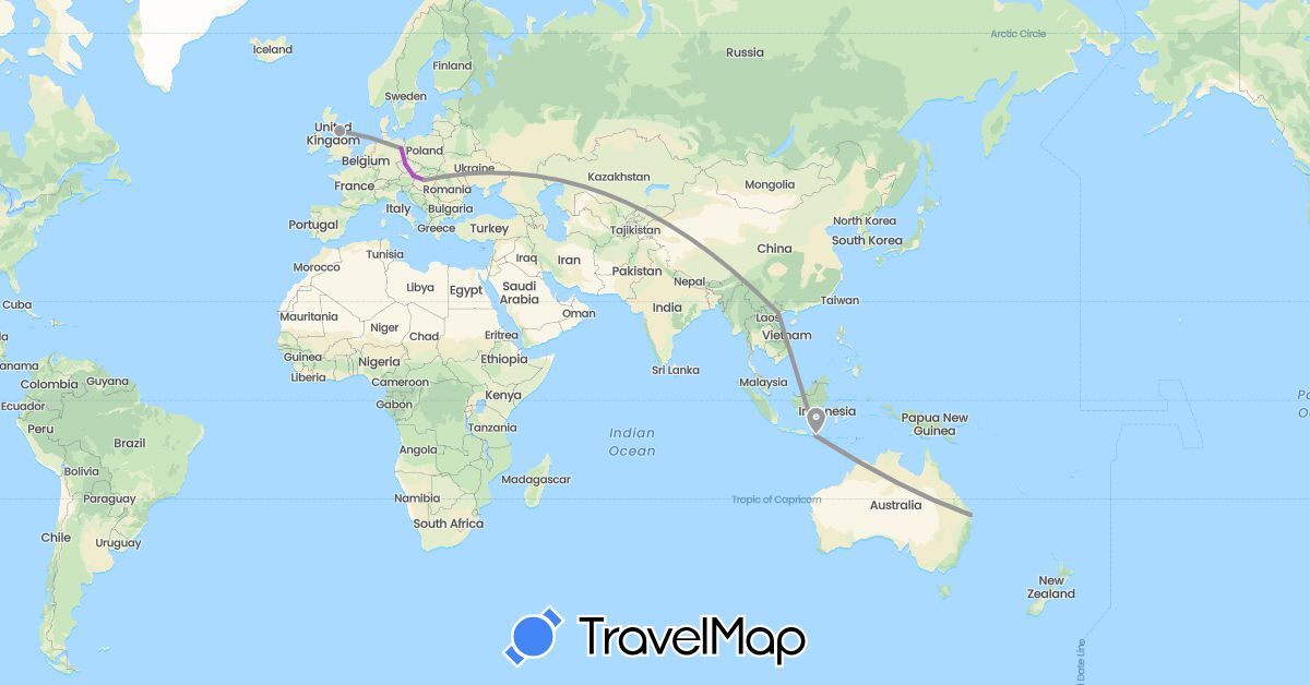 TravelMap itinerary: driving, plane, train in Austria, Australia, Czech Republic, Germany, United Kingdom, Hungary, Indonesia, Vietnam (Asia, Europe, Oceania)